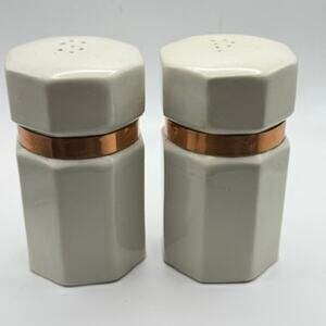 Hall Octagonal Salt & Pepper Shakers Copper Band Vintage White Ceramic #2965